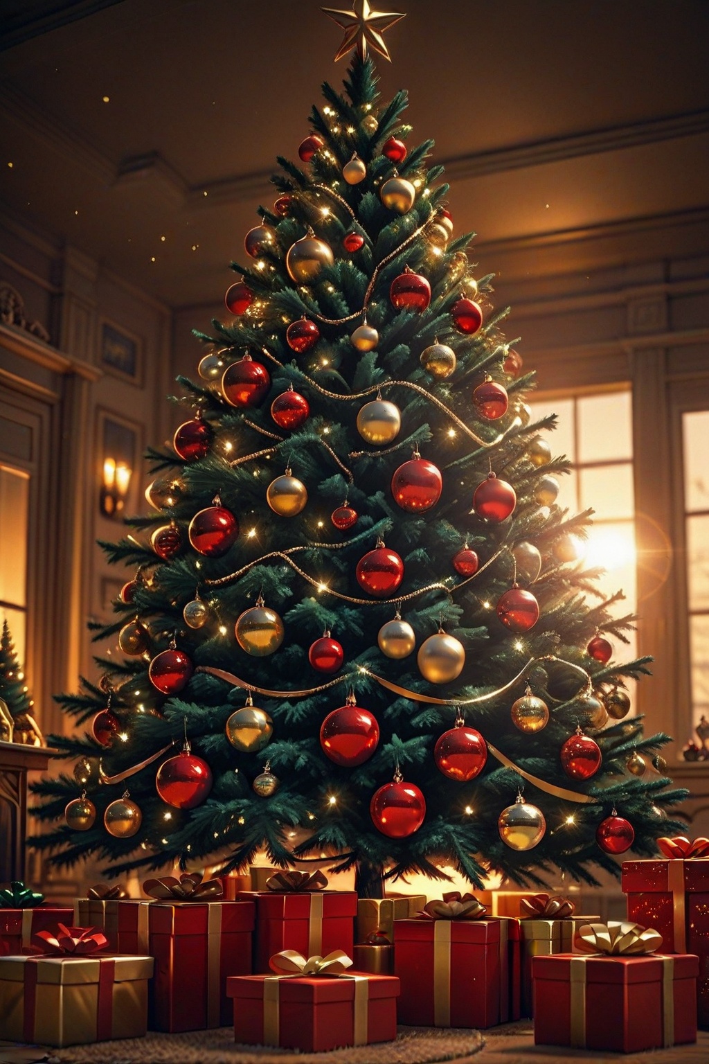 New Year's Eve background: luxurious red and gold theme,  shimmering Christmas tree,  sparkling ornaments on Tensor.Art