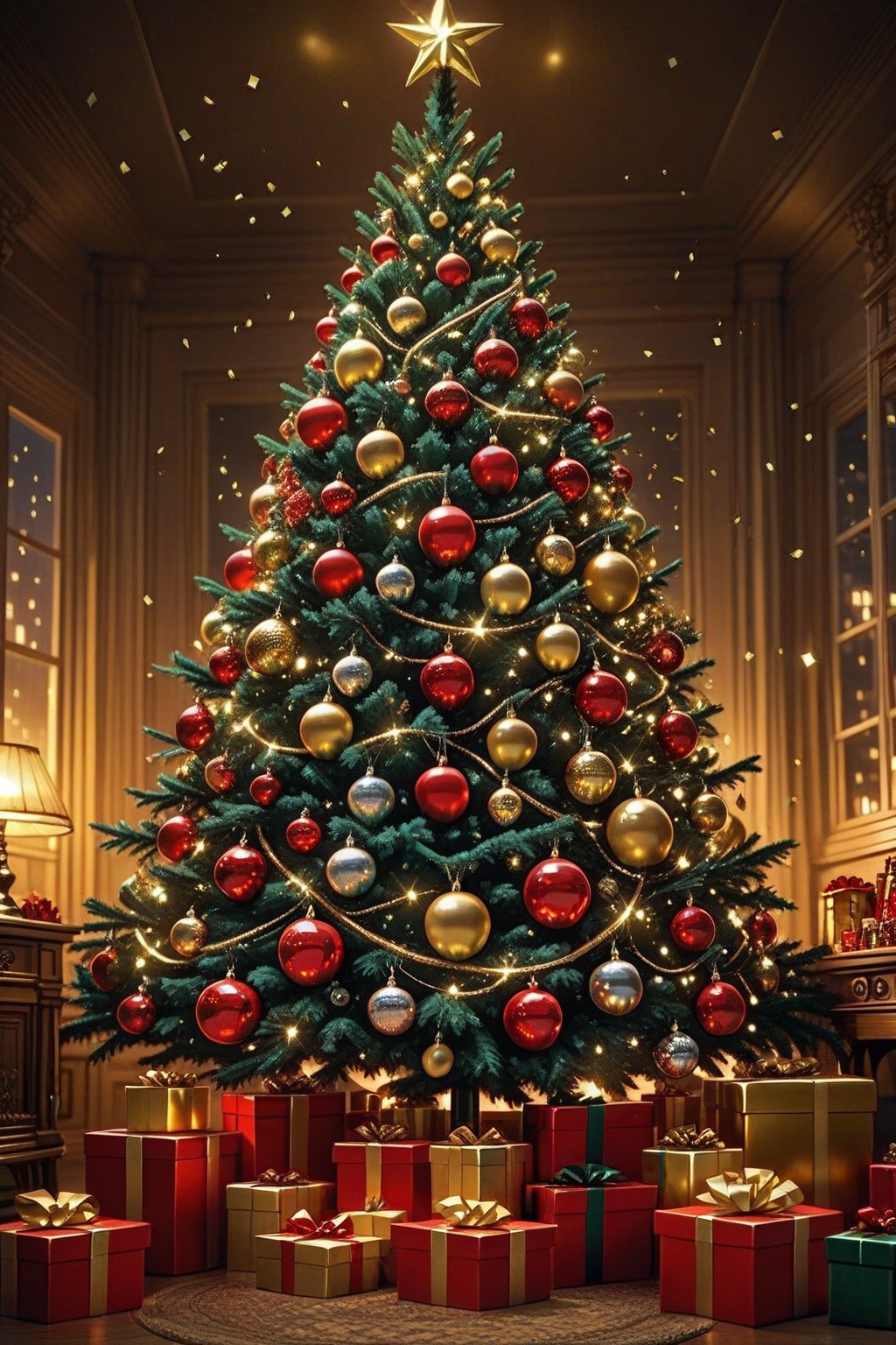 Layered papier-mâché style New Year's Eve background: luxurious red and gold theme,  shimmering Christmas tree,  sparkling...