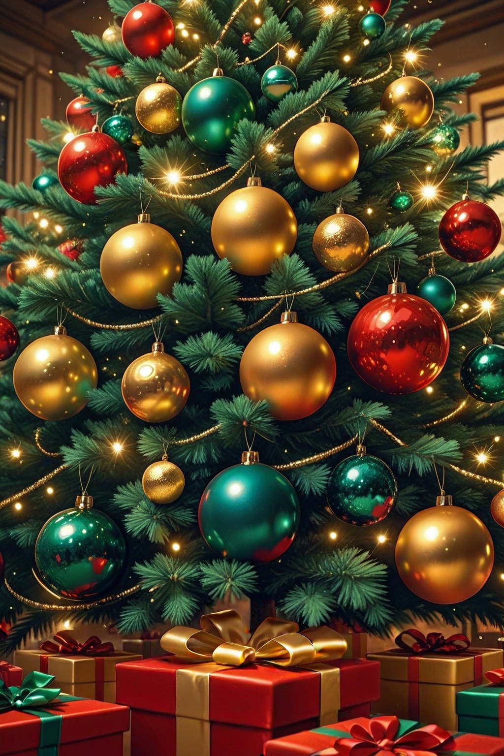 Tight close-up New Year's Eve background: detailed focus,  mystic enchanting environment. Shimmering Christmas tree of glo...
