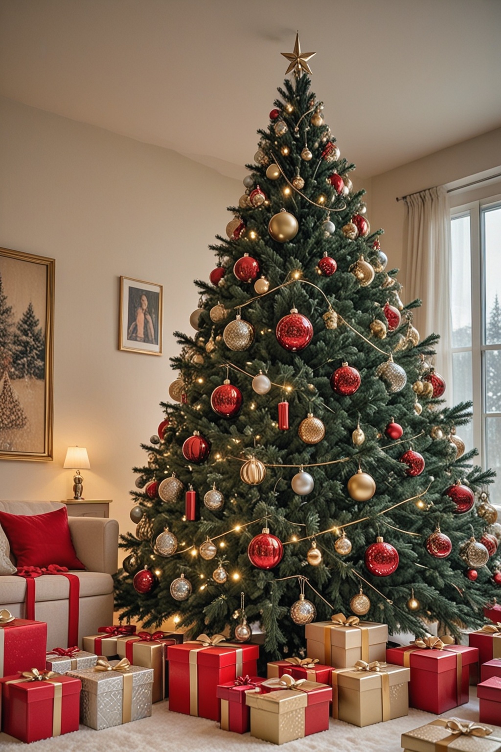 Layered papier-mâché style New Year's Eve background: luxurious red and gold theme,  shimmering Christmas tree,  sparkling...
