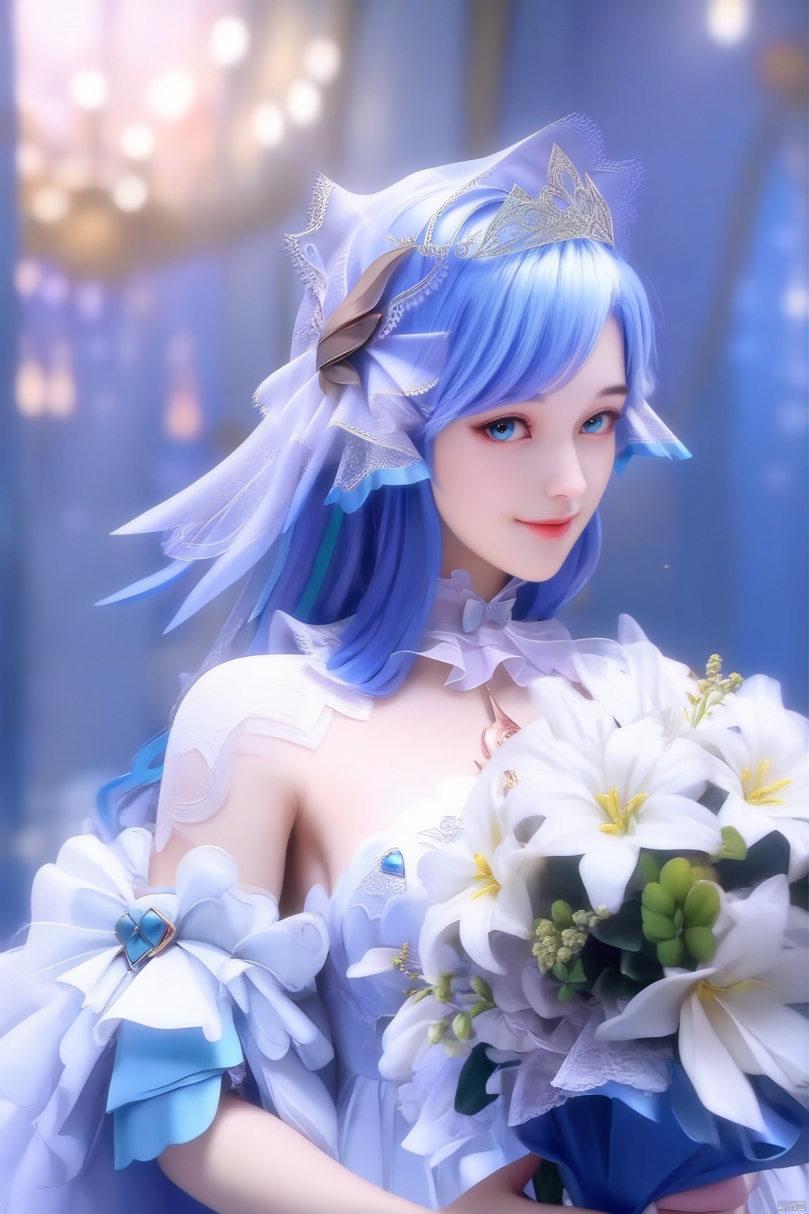 score_9_up,score_8_up,score_7_up,(Masterpiece, Best Quality, Photorealistic, High Resolution, 8K Raw), 
1girl, solo, long hair, blue eyes, hair ornament, dress, holding, blue hair, upper body, flower, indoors, white dress, looking at viewer, tiara, veil, bouquet, wedding dress, bride,smile,