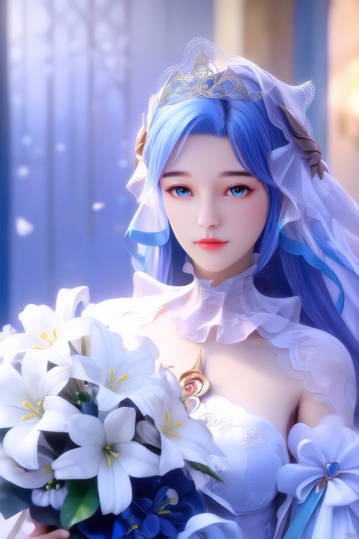 score_9_up,score_8_up,score_7_up,(Masterpiece, Best Quality, Photorealistic, High Resolution, 8K Raw), 
1girl, solo, long hair, blue eyes, hair ornament, dress, holding, blue hair, upper body, flower, indoors, white dress, looking at viewer, tiara, veil, bouquet, wedding dress, bride
