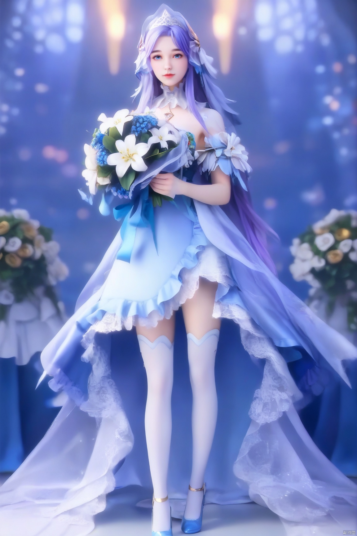 score_9_up,score_8_up,score_7_up,(Masterpiece, Best Quality, Photorealistic, High Resolution, 8K Raw), 
1girl, solo, long hair, blue eyes, hair ornament, dress, holding, blue hair,  breasts, blue eyes, simple background, thighhighs, gloves, dress, holding, standing, full body, purple hair, flower, high heels, white thighhighs,veil, bouquet, holding bouquet