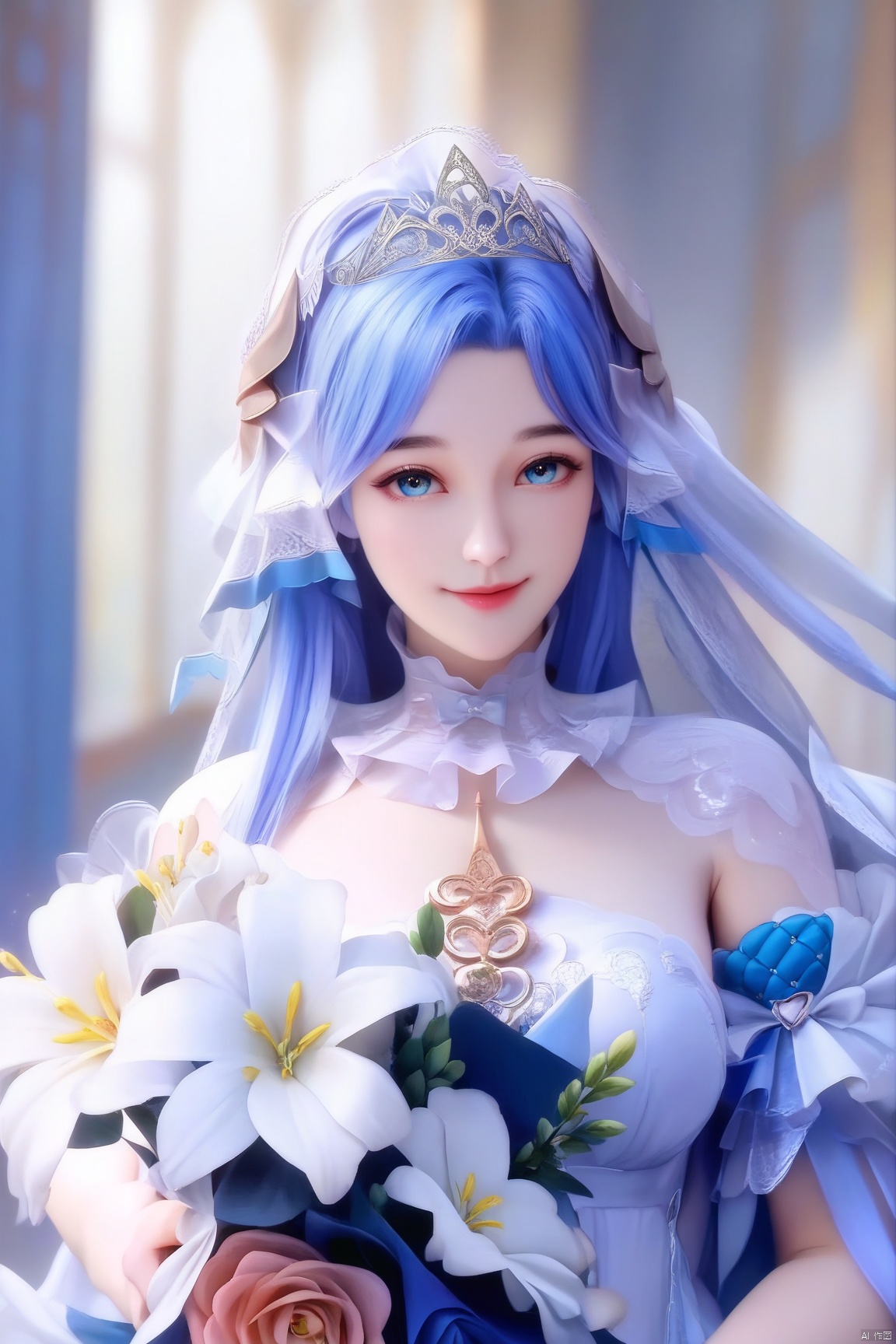 score_9_up,score_8_up,score_7_up,(Masterpiece, Best Quality, Photorealistic, High Resolution, 8K Raw), 
1girl, solo, long hair, blue eyes, hair ornament, dress, holding, blue hair, upper body, flower, indoors, white dress, looking at viewer, tiara, veil, bouquet, wedding dress, bride,smile,