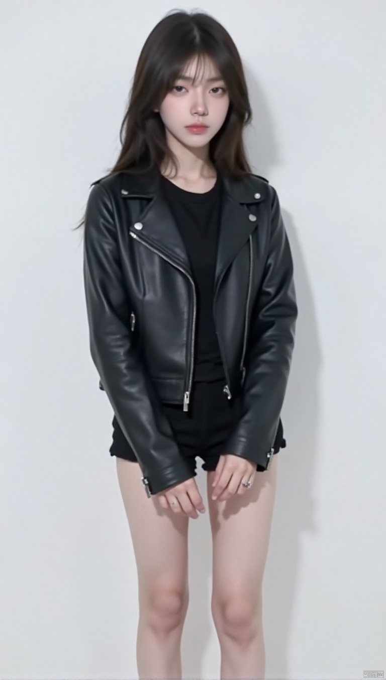 An 18-year-old Chinese black-haired girl, wearing a tight shirt, showing slender legs, nine-head body, smooth hair, solo photo, great figure, zxx, simple background, leather jacket,full body photo
