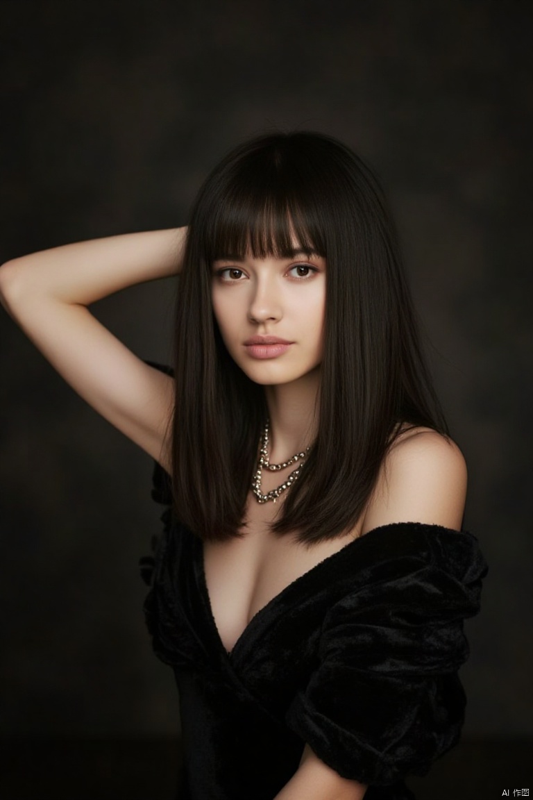 a woman in a black dress posing for a picture, “uwu the prismatic person, black light velvet poster, long straight bangs, fashion studio lighting, neck chains, lumi, broadshouldered, elle magazine, half body shot, ssao