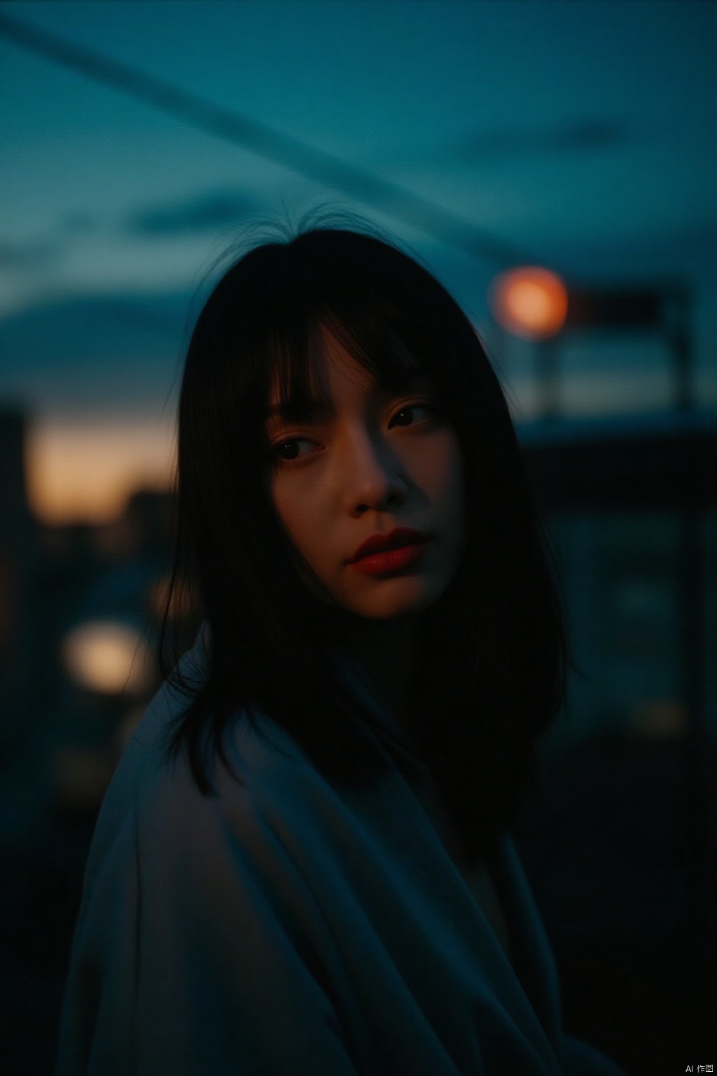 A Wong Kar Wai-inspired masterpiece! A half-body shot of a stunning young woman, captured with a Fujifilm 100mm lens, under the twilight setting's soft blue glow. Her straight, long black hair cascades down her shoulders, its layers expertly framed by the camera. Bangs veil her face, adding to the enigmatic aura. Her porcelain skin glows, high nose and full red lips exuding a cool, charming mystique. The blurred background hints at a car setting, dimly lit with an outside light source casting a warm glow. The overall color palette is understated, yet the film grain texture imbues the image with a timeless quality. In this quiet atmosphere, the subject's concept clothing and garment draping evoke a sense of sophistication and mystery.