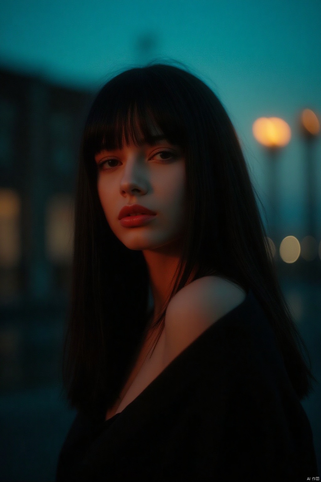 A Wong Kar Wai-inspired masterpiece! A half-body shot of a stunning young woman, captured with a Fujifilm 100mm lens, under the twilight setting's soft blue glow. Her straight, long black hair cascades down her shoulders, its layers expertly framed by the camera. Bangs veil her face, adding to the enigmatic aura. Her porcelain skin glows, high nose and full red lips exuding a cool, charming mystique. The blurred background hints at a car setting, dimly lit with an outside light source casting a warm glow. The overall color palette is understated, yet the film grain texture imbues the image with a timeless quality. In this quiet atmosphere, the subject's concept clothing and garment draping evoke a sense of sophistication and mystery.