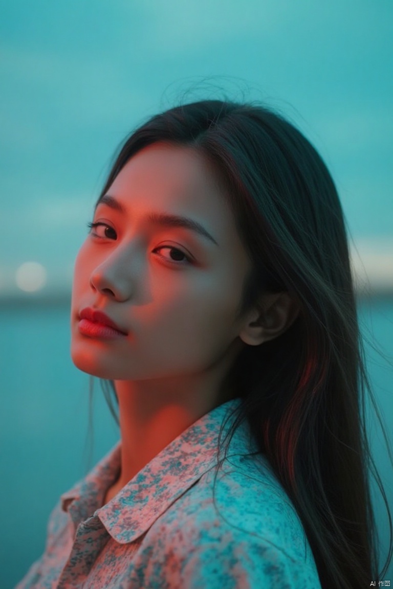 masterpiece:1.0), (highest quality:1.12), (HDR:1.0), a girl with long hair looking at viewer, with a teal background and a indigo sky, constant, vaporwave colors, a character portrait, synchronization, detailed, realistic, 8k uhd, high quality