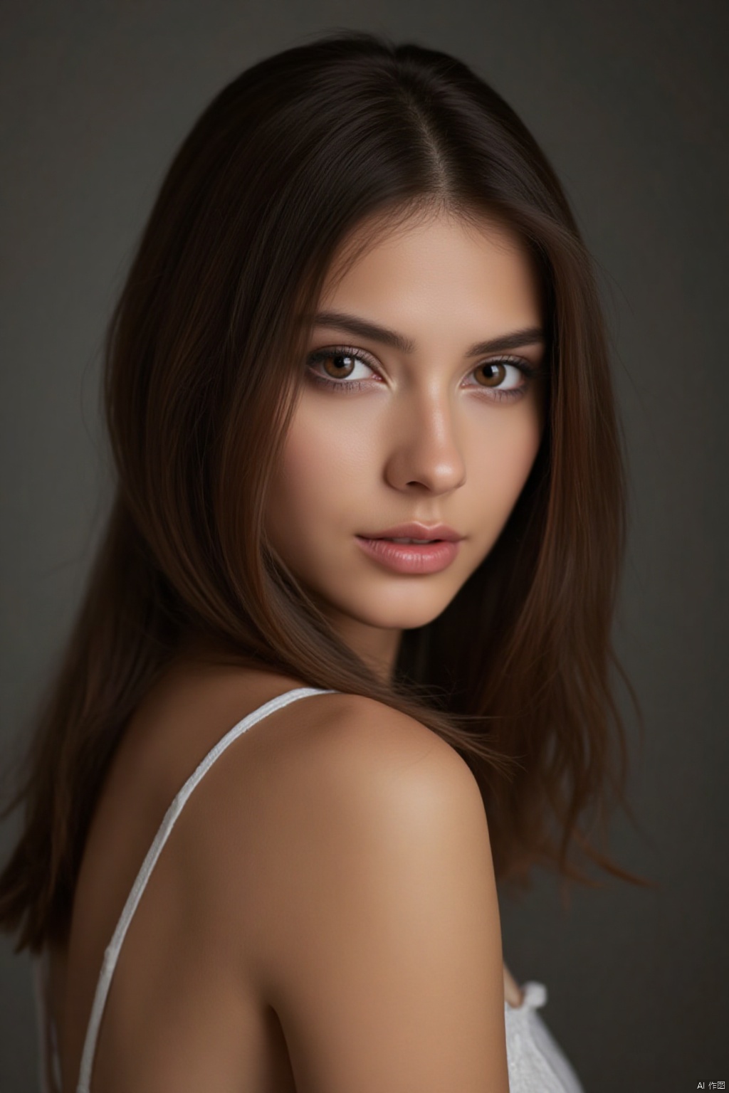 A solo portrait of a young woman with long, brown hair cascading down her back and bare shoulders. Her piercing brown eyes lock onto the viewer's gaze as she confidently stands, her small breasts subtly defined beneath her skin. A delicate collarbone and toned upper body are showcased. Her lips are slightly parted, inviting attention to her striking features. A strap slips down one shoulder, drawing the viewer's focus to the gentle curve of her breast.,Light Master