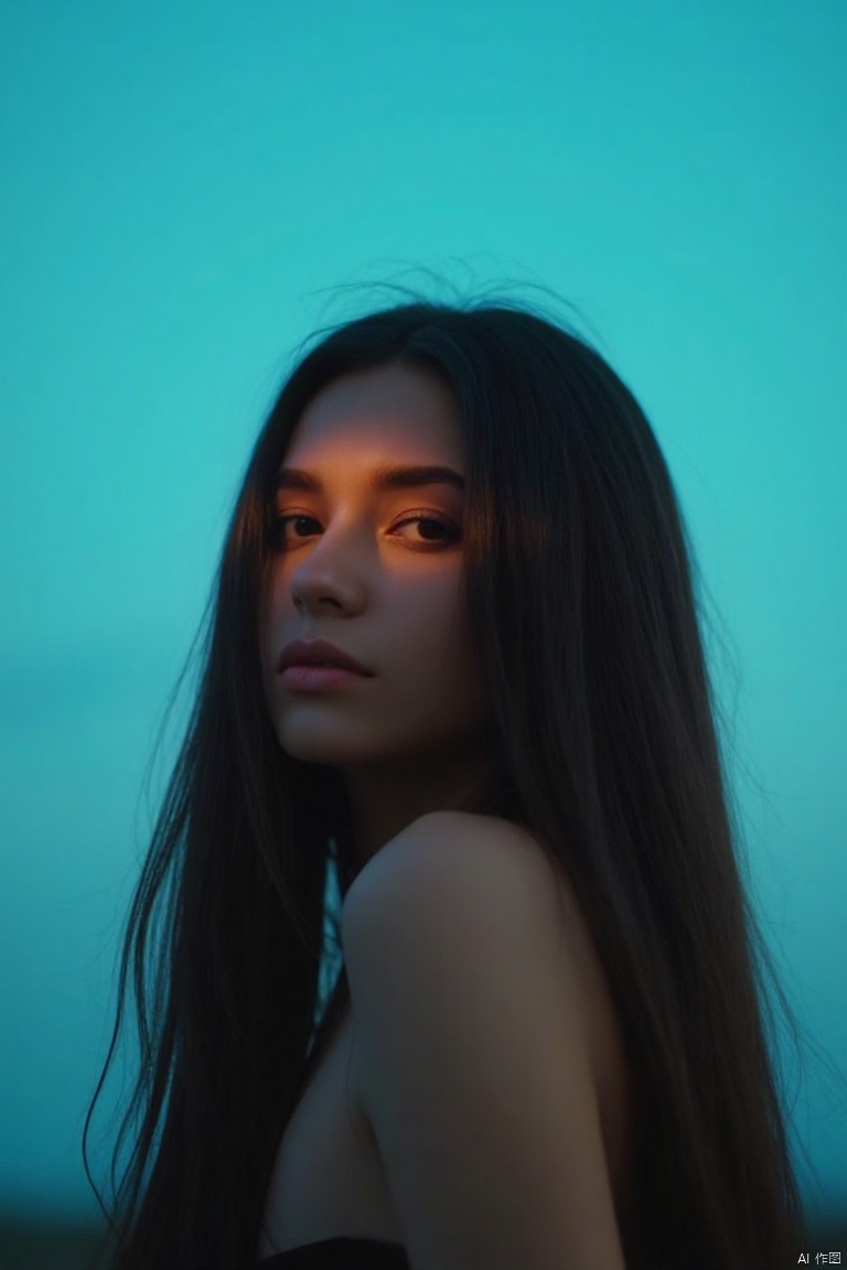 (masterpiece:1.0), (highest quality:1.12), (HDR:1.0), a girl with long hair looking at viewer, with a teal background and a indigo sky, constant, vaporwave colors, a character portrait, synchronization, detailed, realistic, 8k uhd, high quality