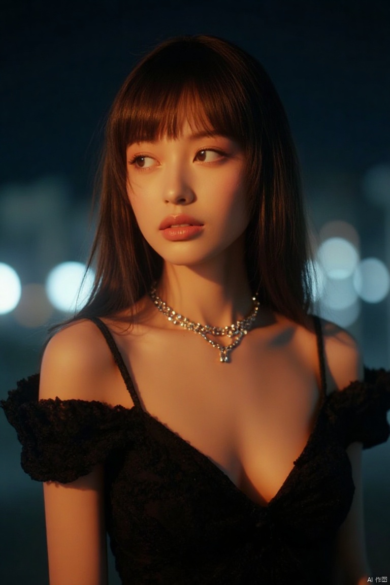 xxmixgirl,woman in a black dress posing for a picture, “uwu the prismatic person, kpop style colors, shot at night with studio lights, neck chains, inspired by Wang Yuanqi, brown hair with bangs, 1:1 album artwork, streaming on twitch, plastic doll, lisa, lolita, glamorous angewoman digimon