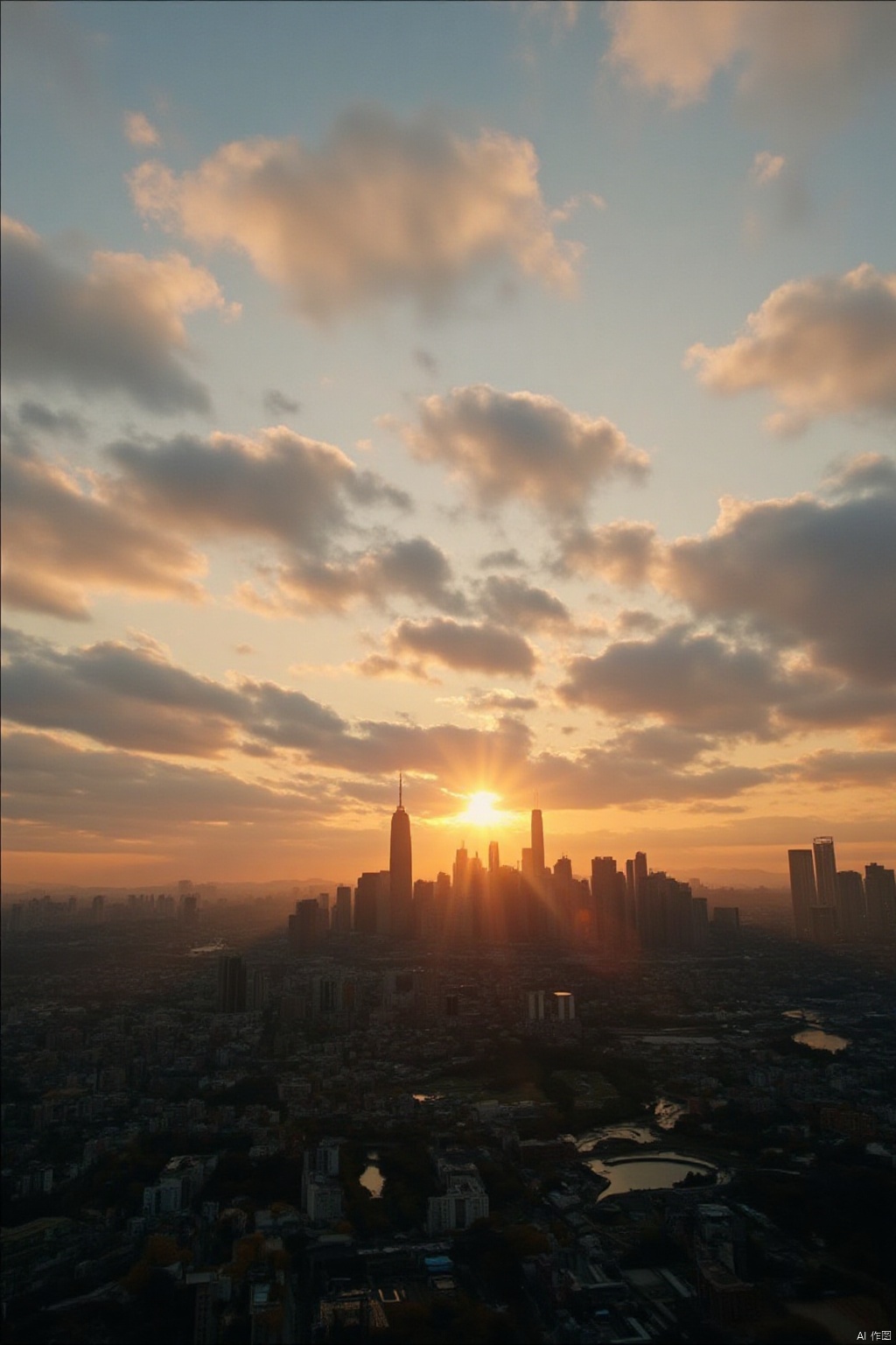 A serene outdoor cityscape at sunset, with a cloudy sky illuminated by warm sunlight. The sun dips below the horizon, casting long light rays across the buildings and scenery. A majestic city skyline stands tall, with towering structures reflecting off the cloud-streaked sky. The atmosphere is tranquil, with no humans in sight to disturb the peaceful ambiance.,Light Master