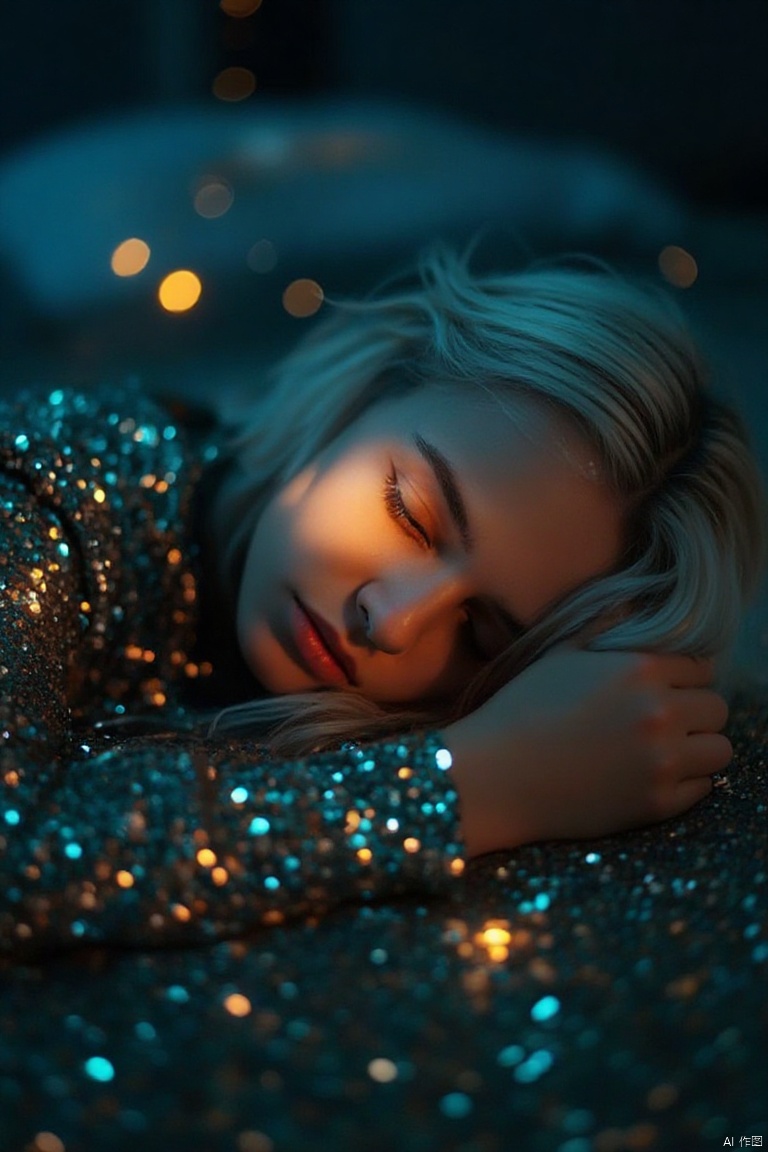 realstic, fairy sleeping in the metro sequins fireflies