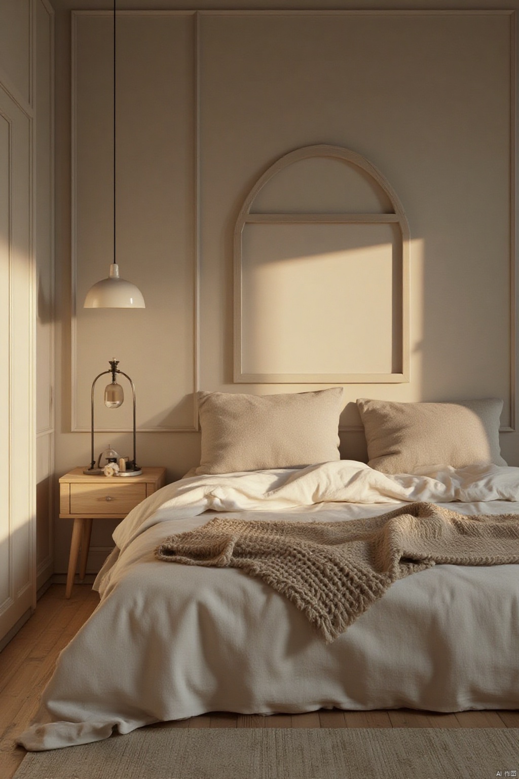 Scandinavian bedroom design, minimal decor, light wood finishes, muted colors, cozy textiles, natural lighting, simple yet cozy atmosphere.. perfect environment, cinematic lighting, product photography, unreal engine, 8K
