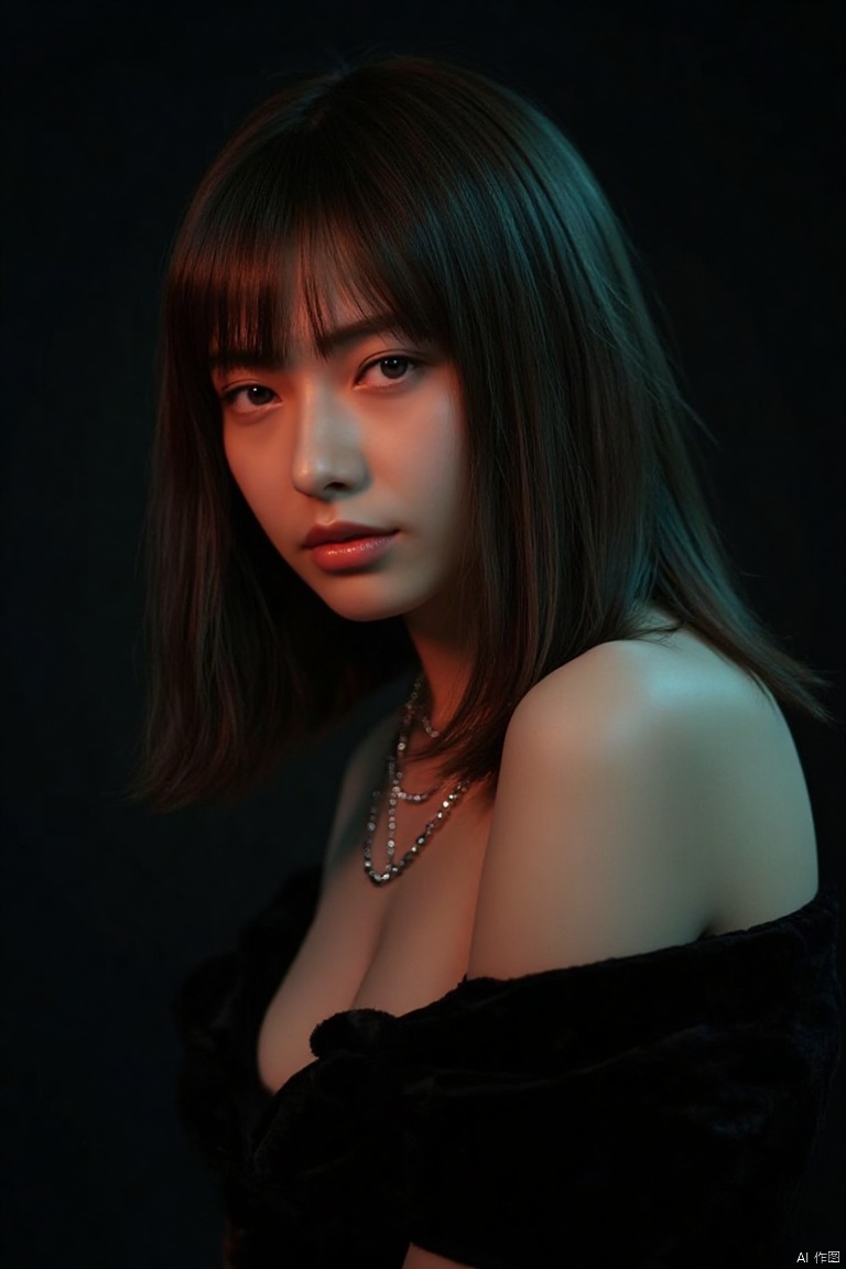 a woman in a black dress posing for a picture, “uwu the prismatic person, black light velvet poster, long straight bangs, fashion studio lighting, neck chains, lumi, broadshouldered, elle magazine, half body shot, ssao