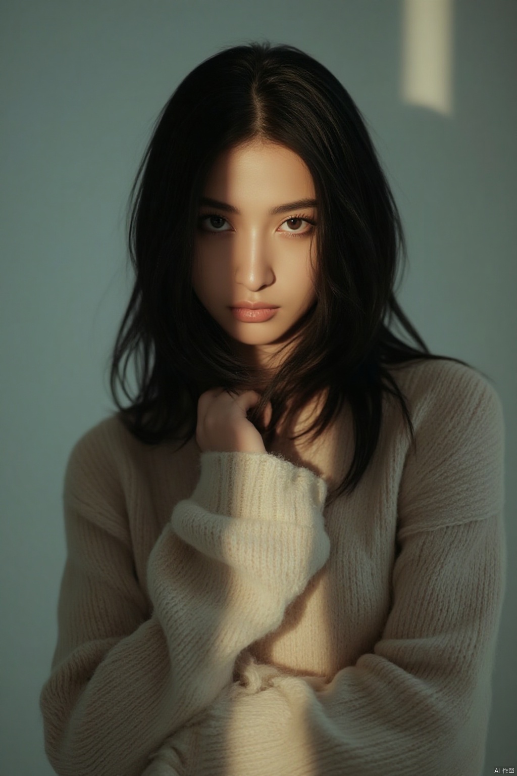 A solo figure of a girl with long, dark black hair cascading down her back, looks directly at the viewer with piercing black eyes. She stands tall, showcasing her upper body clad in a sweater with sleeves that extend past her wrists. Her lips are subtle yet inviting. The shot is framed to emphasize her striking features, with soft natural lighting and a clean composition that draws the eye to her captivating gaze.,Light Master