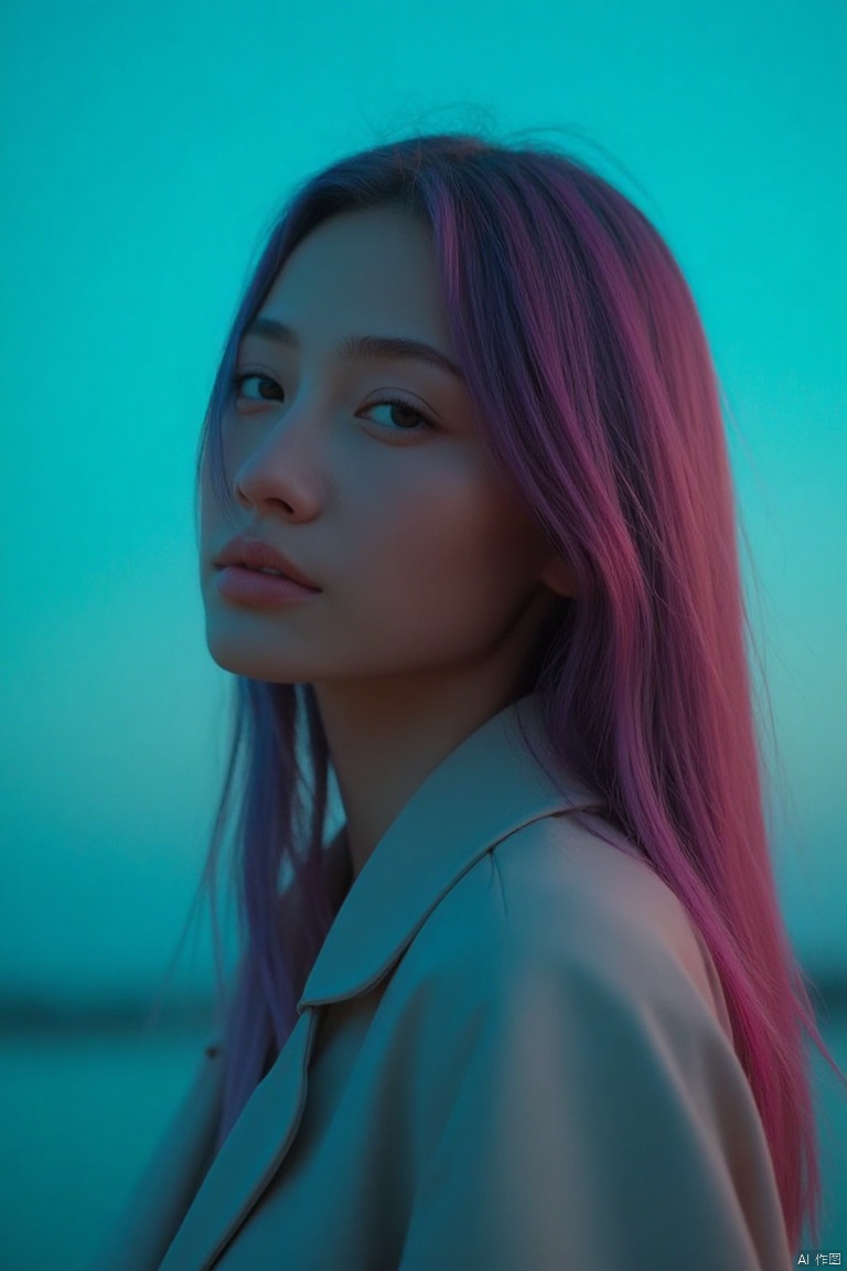 (masterpiece:1.0), (highest quality:1.12), (HDR:1.0), a girl with long hair looking at viewer, with a teal background and a indigo sky, constant, vaporwave colors, a character portrait, synchronization, detailed, realistic, 8k uhd, high quality