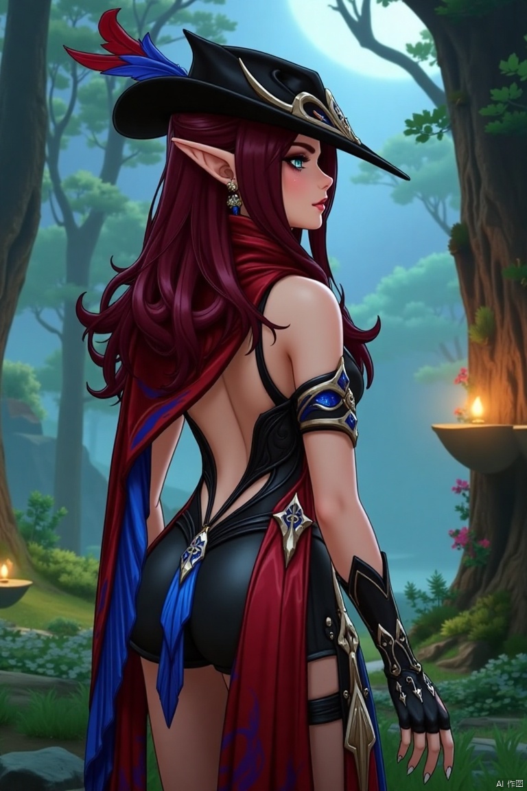 A beautiful female elf with long, wavy maroon hair tied in a braid, standing in a mystical forest. She wears a stylish black hat with blue and red feathers, a red scarf, and a revealing, intricately designed black and red outfit with blue accents. The scene is softly lit by magical moonlight, highlighting her graceful pose and the intricate details of her attire.