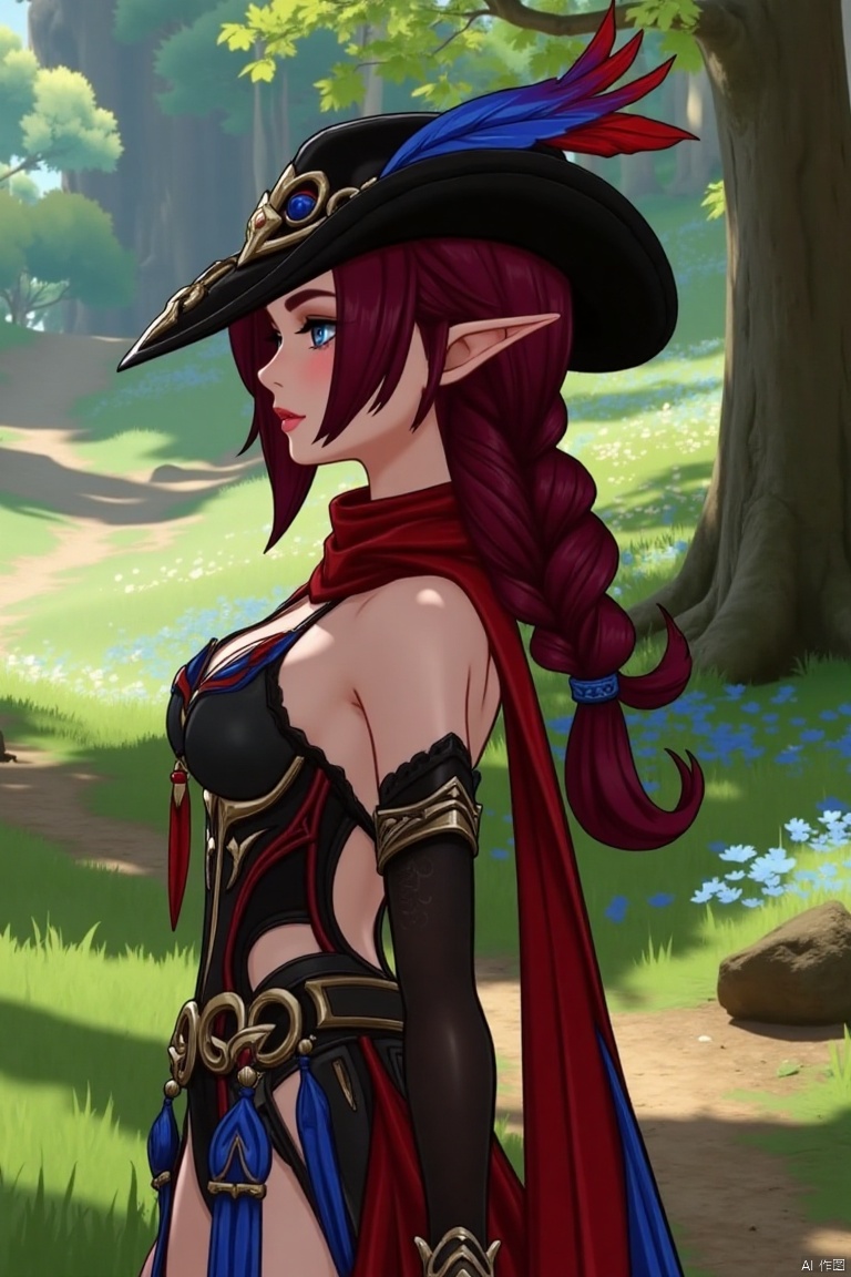 A beautiful female elf with long, wavy maroon hair tied in a braid, standing in a serene forest clearing. She wears a stylish black hat adorned with blue and red feathers, a red scarf, and a revealing, intricately designed black and red outfit with blue accents. The scene is softly lit by dappled sunlight, highlighting her graceful pose and the intricate details of her attire.