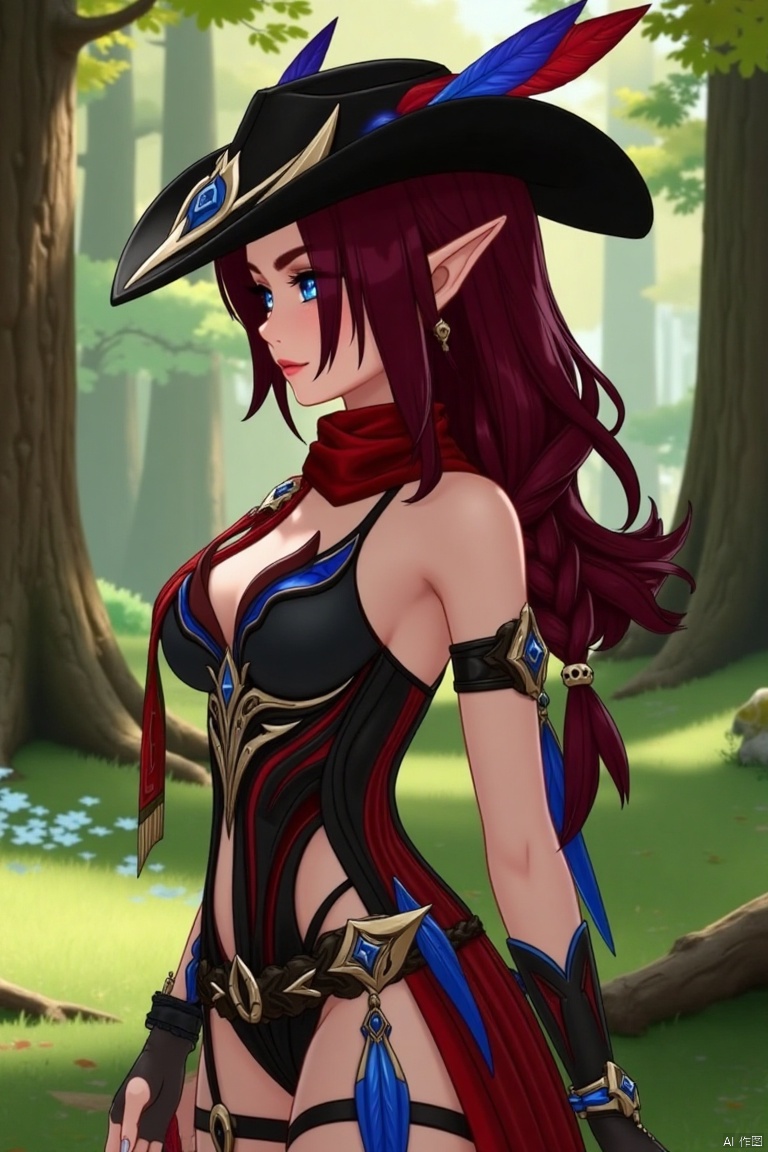 A beautiful female elf with long, wavy maroon hair tied in a braid, standing elegantly in a forest glade. She wears a stylish black hat adorned with blue and red feathers, a red scarf draped around her neck, and a revealing, intricately designed black and red outfit with blue accents. The scene is softly lit by dappled sunlight, highlighting her graceful pose and the intricate details of her attire.