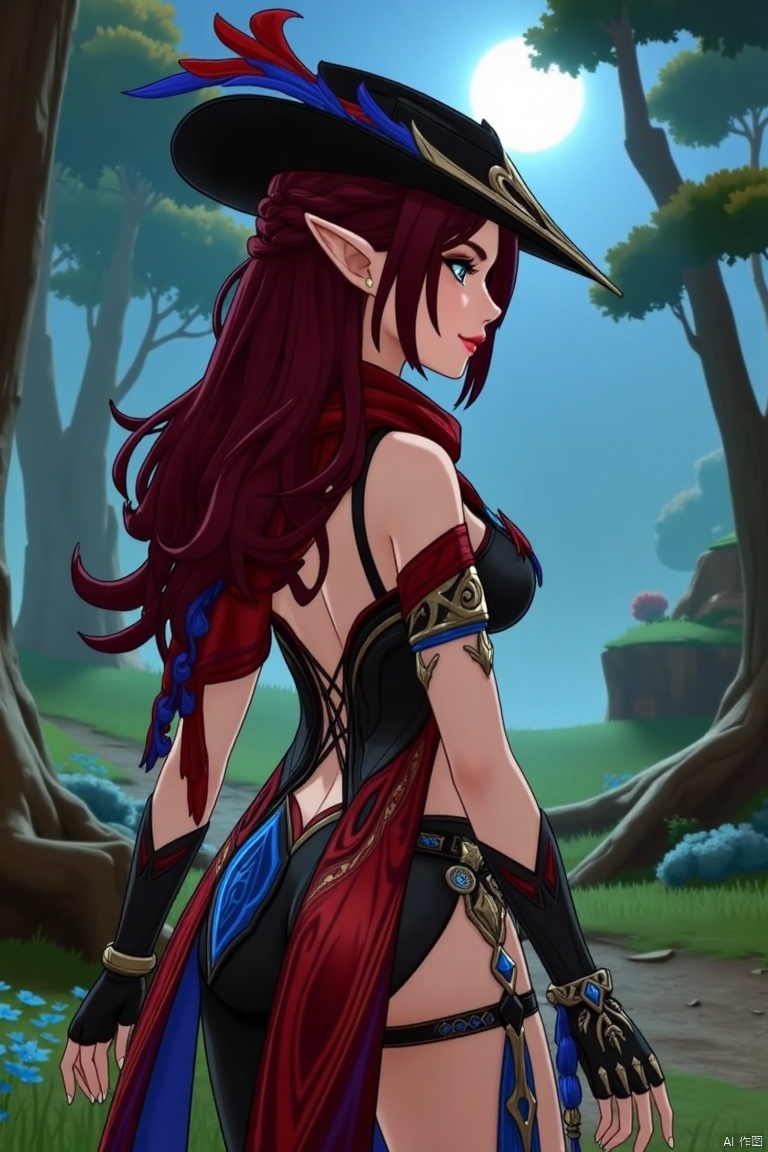 A beautiful female elf with long, wavy maroon hair tied in a braid, standing in a mystical forest. She wears a stylish black hat with blue and red feathers, a red scarf, and a revealing, intricately designed black and red outfit with blue accents. The scene is softly lit by magical moonlight, highlighting her graceful pose and the intricate details of her attire.