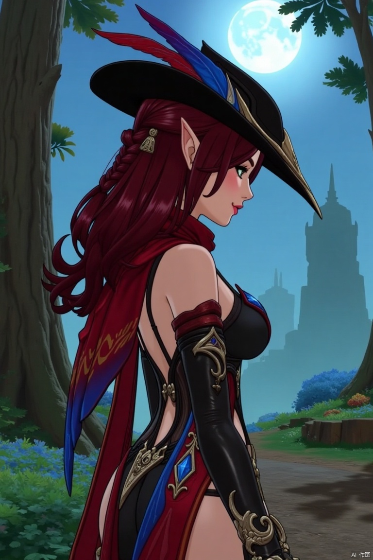 A beautiful female elf with long, wavy maroon hair tied in a braid, standing in a mystical forest. She wears a stylish black hat with blue and red feathers, a red scarf, and a revealing, intricately designed black and red outfit with blue accents. The scene is softly lit by magical moonlight, highlighting her graceful pose and the intricate details of her attire.