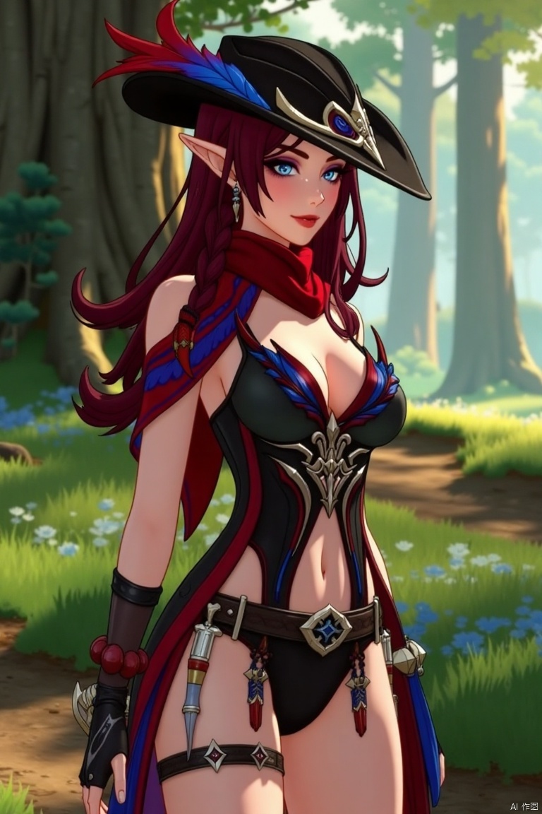 A beautiful female elf with long, wavy maroon hair tied in a braid, standing elegantly in a forest glade. She wears a stylish black hat adorned with blue and red feathers, a red scarf draped around her neck, and a revealing, intricately designed black and red outfit with blue accents. The scene is softly lit by dappled sunlight, highlighting her graceful pose and the intricate details of her attire.