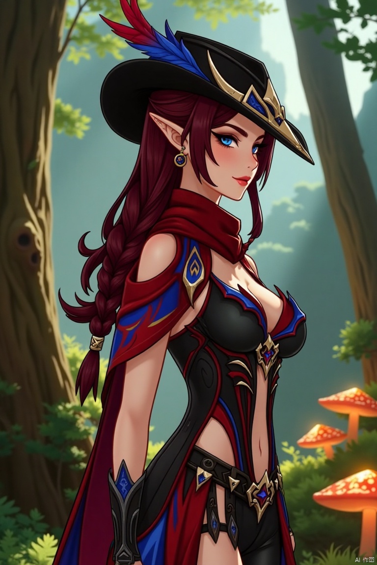 A beautiful female elf with long, wavy maroon hair tied in a braid, wearing a stylish black hat with blue and red feathers, a red scarf, and a revealing, intricately designed black and red outfit with blue accents. The scene is framed in a medium shot, with soft, warm lighting enhancing her elegant features. She stands confidently in a mystical forest, surrounded by ancient trees and glowing mushrooms, her pose exuding grace and mystery.