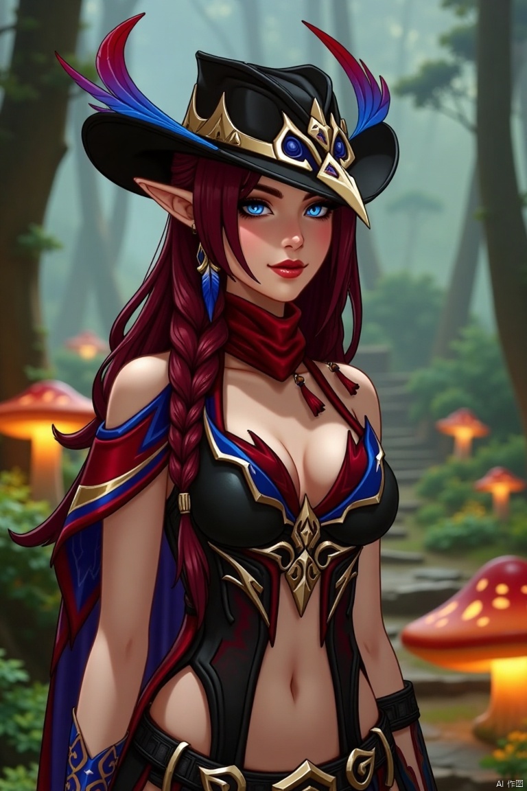 A beautiful female elf with long, wavy maroon hair tied in a braid, wearing a stylish black hat with blue and red feathers, a red scarf, and a revealing, intricately designed black and red outfit with blue accents. The scene is framed in a medium shot, with soft, warm lighting enhancing her elegant features. She stands confidently in a mystical forest, surrounded by ancient trees and glowing mushrooms, her pose exuding grace and mystery.
