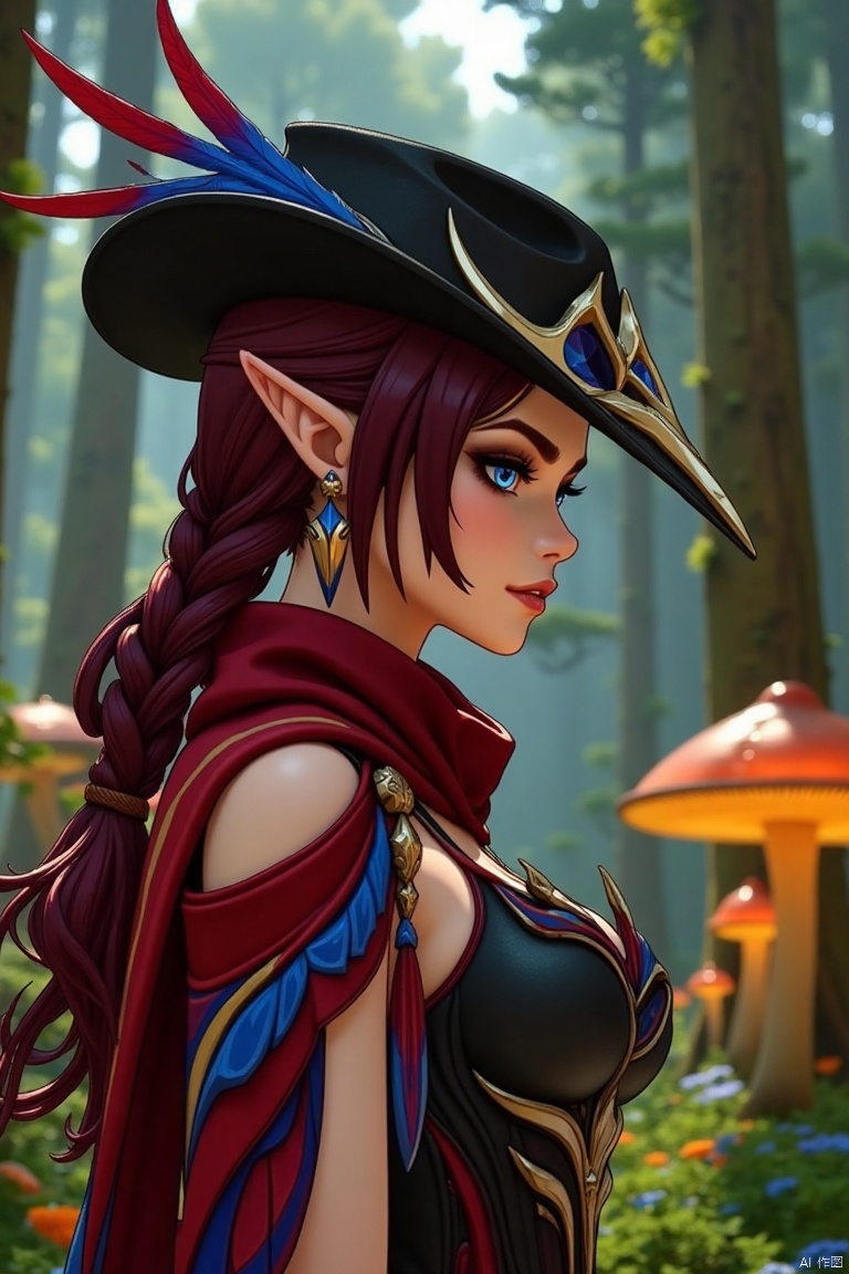 A beautiful female elf with long, wavy maroon hair tied in a braid, wearing a stylish black hat with blue and red feathers, a red scarf, and a revealing, intricately designed black and red outfit with blue accents. The scene is framed in a close-up shot, with soft, warm lighting enhancing her elegant features. She stands confidently in a mystical forest, surrounded by ancient trees and glowing mushrooms, her pose exuding grace and mystery.