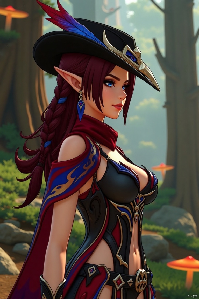 A beautiful female elf with long, wavy maroon hair tied in a braid, wearing a stylish black hat adorned with blue and red feathers, a red scarf, and a revealing, intricately designed black and red outfit with blue accents. The scene is framed in a close-up shot, with soft, warm lighting highlighting her elegant features. She stands confidently in a mystical forest, surrounded by ancient trees and glowing mushrooms, her pose exuding grace and mystery.