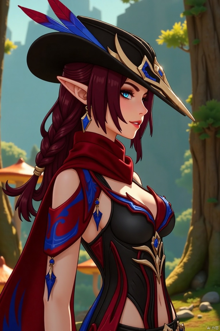 A beautiful female elf with long, wavy maroon hair tied in a braid, wearing a stylish black hat adorned with blue and red feathers, a red scarf, and a revealing, intricately designed black and red outfit with blue accents. The scene is framed in a close-up shot, with soft, warm lighting highlighting her elegant features. She stands confidently in a mystical forest, surrounded by ancient trees and glowing mushrooms, her pose exuding grace and mystery.