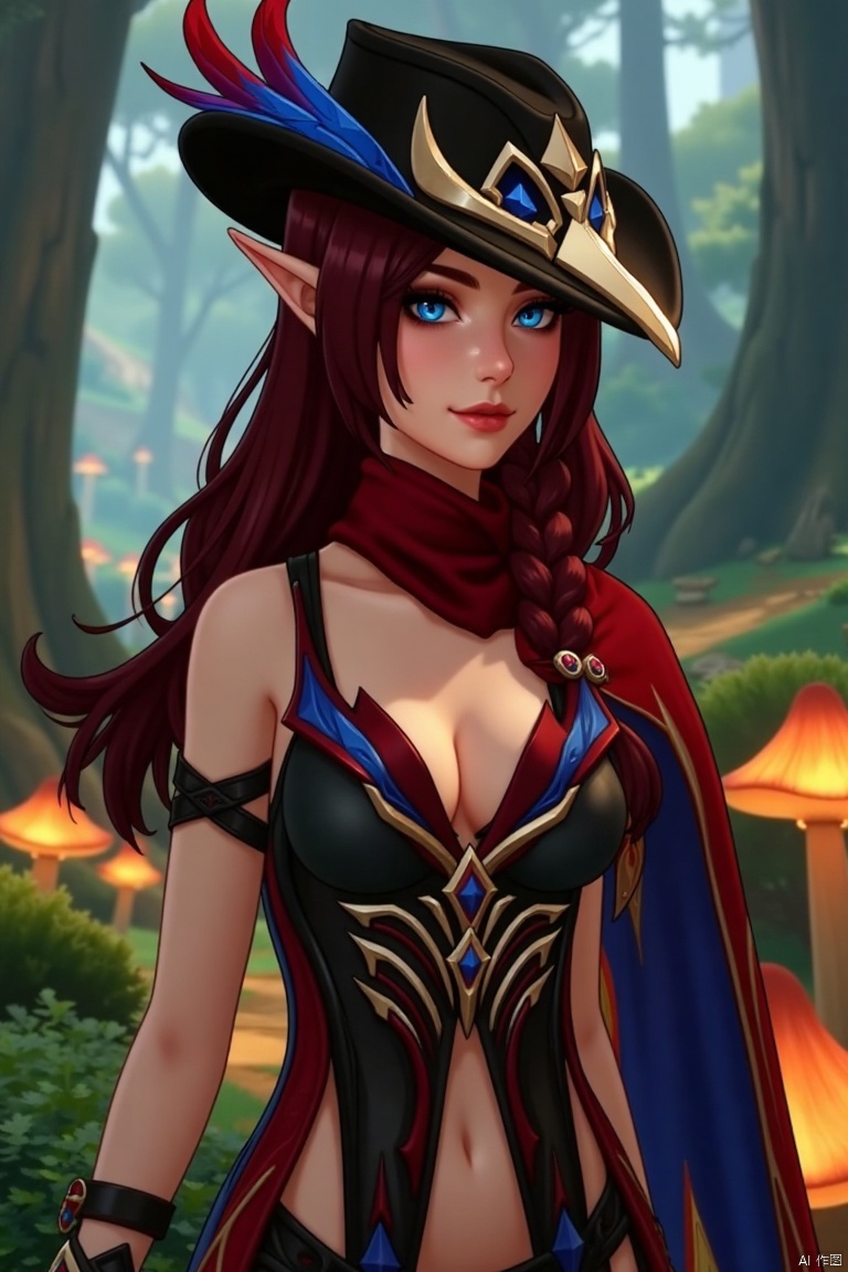 A beautiful female elf with long, wavy maroon hair tied in a braid, wearing a stylish black hat adorned with blue and red feathers, a red scarf, and a revealing, intricately designed black and red outfit with blue accents. The scene is framed in a close-up shot, with soft, warm lighting highlighting her elegant features. She stands confidently in a mystical forest, surrounded by ancient trees and glowing mushrooms, her pose exuding grace and mystery.
