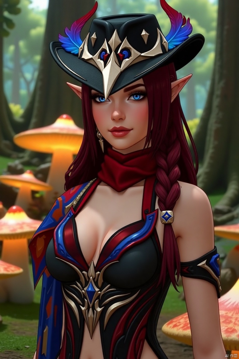 A beautiful female elf with long, wavy maroon hair tied in a braid, wearing a stylish black hat adorned with blue and red feathers, a red scarf, and a revealing, intricately designed black and red outfit with blue accents. The scene is framed in a close-up shot, with soft, warm lighting highlighting her features. The composition emphasizes her elegant pose, standing confidently in a mystical forest setting, surrounded by glowing mushrooms and ancient trees.