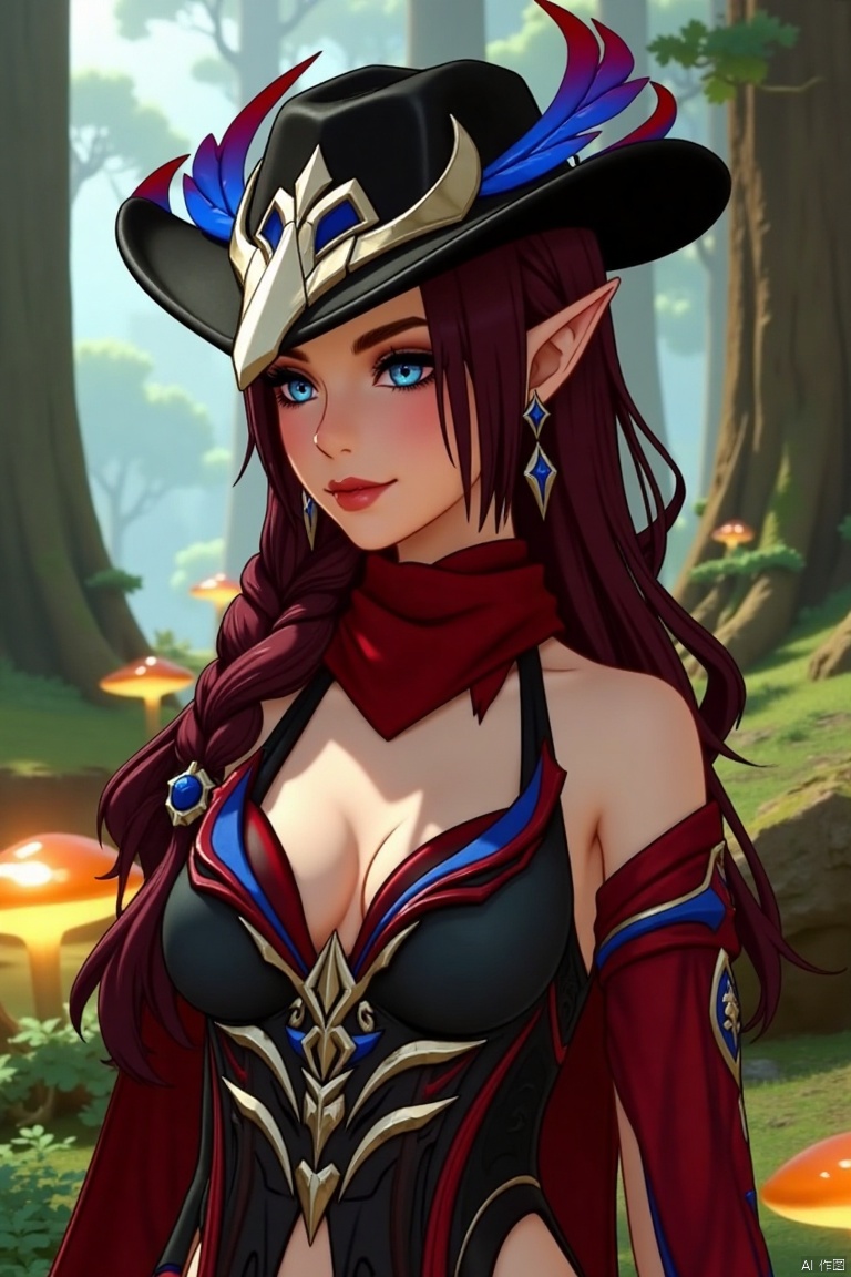 A beautiful female elf with long, wavy maroon hair tied in a braid, wearing a stylish black hat adorned with blue and red feathers, a red scarf, and a revealing, intricately designed black and red outfit with blue accents. The scene is framed in a close-up shot, with soft, warm lighting highlighting her elegant features. She stands confidently in a mystical forest, surrounded by ancient trees and glowing mushrooms, her pose exuding grace and mystery.