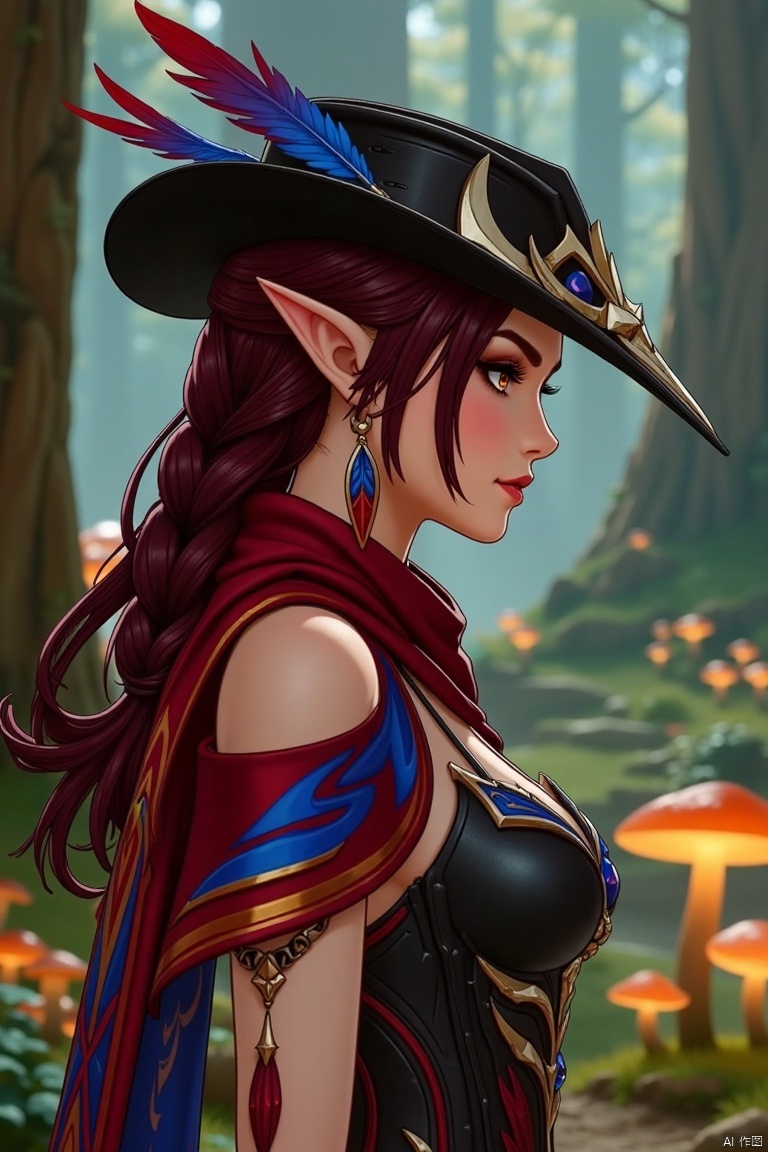 A beautiful female elf with long, wavy maroon hair tied in a braid, wearing a stylish black hat adorned with blue and red feathers, a red scarf, and a revealing, intricately designed black and red outfit with blue accents. The scene is framed in a close-up shot, with soft, warm lighting highlighting her features. The composition emphasizes her elegant pose, standing confidently in a mystical forest setting, surrounded by glowing mushrooms and ancient trees.