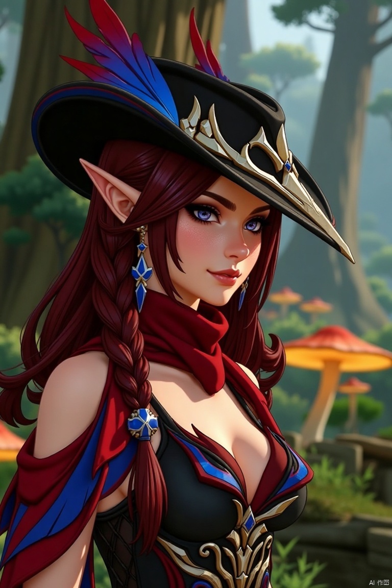 A beautiful female elf with long, wavy maroon hair tied in a braid, wearing a stylish black hat with blue and red feathers, a red scarf, and a revealing, intricately designed black and red outfit with blue accents. The scene is framed in a close-up shot, with soft, warm lighting enhancing her elegant features. She stands confidently in a mystical forest, surrounded by ancient trees and glowing mushrooms, her pose exuding grace and mystery.