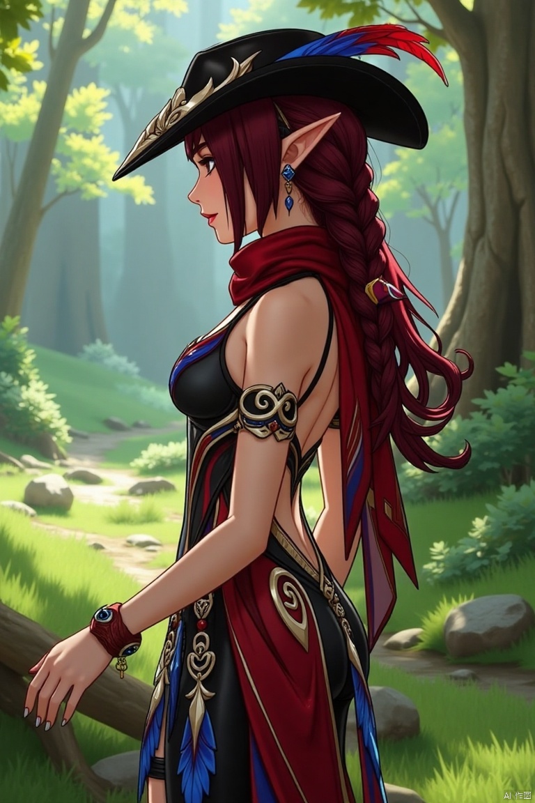 A beautiful female elf with long, wavy maroon hair tied in a braid, standing elegantly in a forest glade. She wears a stylish black hat adorned with blue and red feathers, a red scarf, and a revealing, intricately designed black and red outfit with blue accents. The scene is softly lit by dappled sunlight, highlighting her graceful pose and the intricate details of her attire. The composition frames her against a backdrop of lush greenery, emphasizing her ethereal beauty.