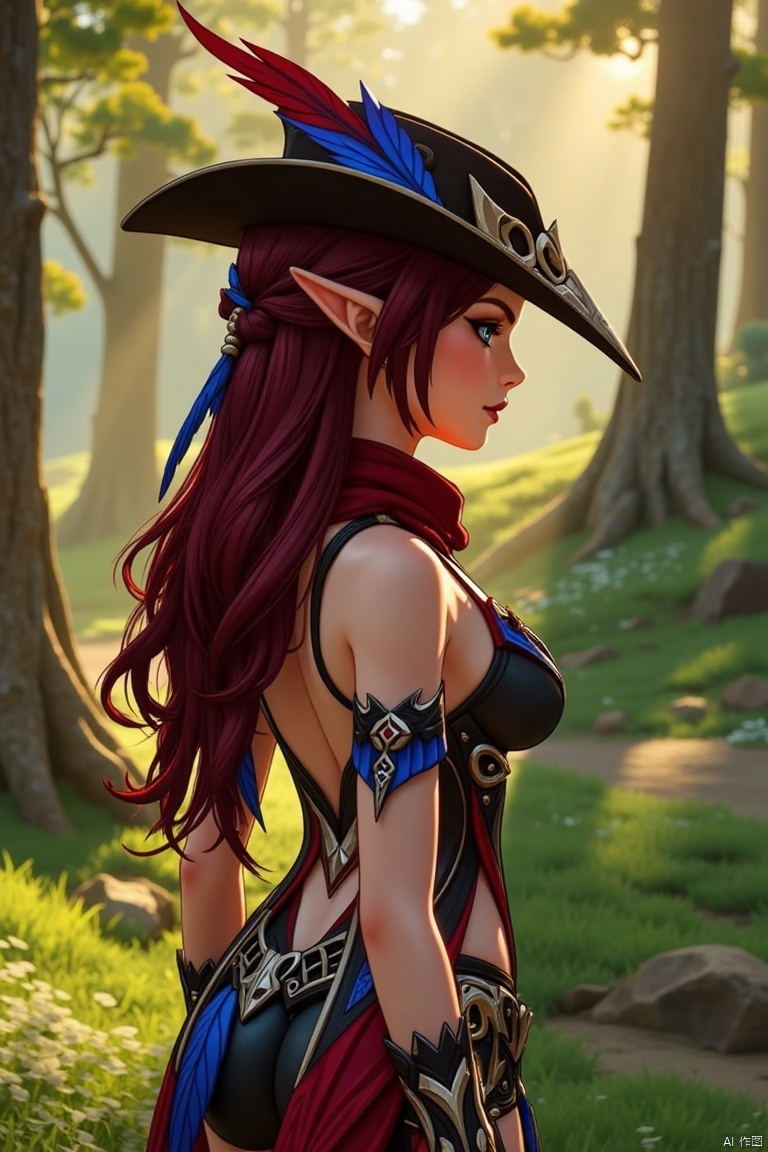 A beautiful female elf with long, wavy maroon hair tied in a braid, standing in a serene forest clearing. She wears a stylish black hat adorned with blue and red feathers, a red scarf, and a revealing, intricately designed black and red outfit with blue accents. The scene is softly lit by golden sunlight filtering through the trees, highlighting her graceful pose and the intricate details of her attire. The composition frames her against a backdrop of lush greenery, emphasizing her ethereal beauty.