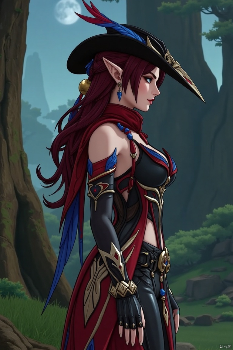 A beautiful female elf with long, wavy maroon hair tied in a braid, standing in a mystical forest. She wears a stylish black hat with blue and red feathers, a red scarf, and a revealing, intricately designed black and red outfit with blue accents. The scene is softly lit by moonlight, highlighting her graceful pose and the intricate details of her attire. The composition frames her against a backdrop of ancient trees, emphasizing her ethereal beauty.