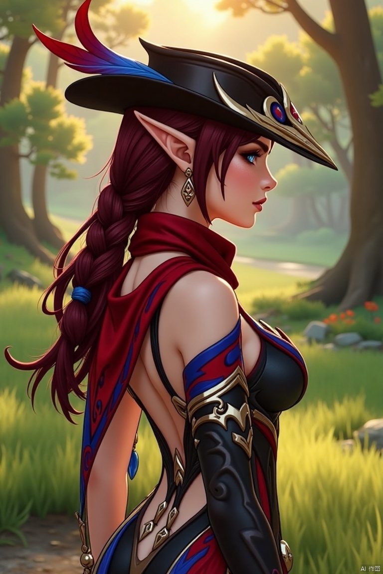 A beautiful female elf with long, wavy maroon hair tied in a braid, standing in a serene forest clearing. She wears a stylish black hat adorned with blue and red feathers, a red scarf, and a revealing, intricately designed black and red outfit with blue accents. The scene is softly lit by golden sunlight filtering through the trees, highlighting her graceful pose and the intricate details of her attire. The composition frames her against a backdrop of lush greenery, emphasizing her ethereal beauty.