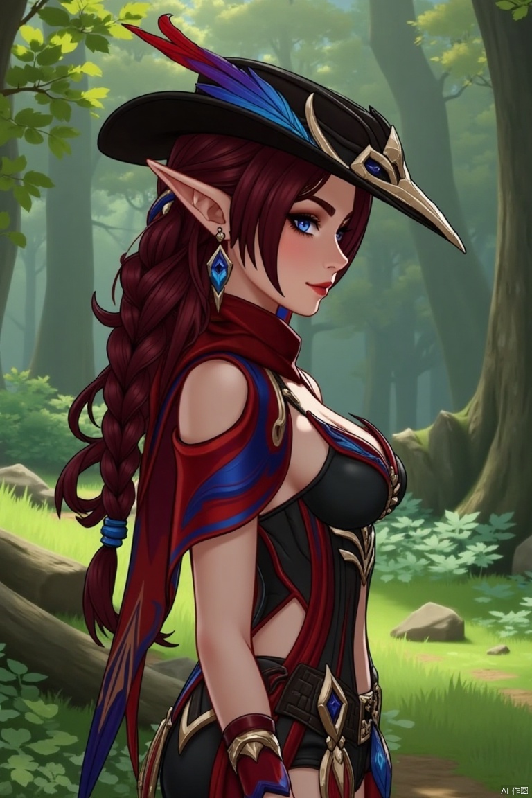 A beautiful female elf with long, wavy maroon hair tied in a braid, standing elegantly in a forest glade. She wears a stylish black hat adorned with blue and red feathers, a red scarf, and a revealing, intricately designed black and red outfit with blue accents. The scene is softly lit by dappled sunlight, highlighting her graceful pose and the intricate details of her attire. The composition frames her against a backdrop of lush greenery, emphasizing her ethereal beauty.