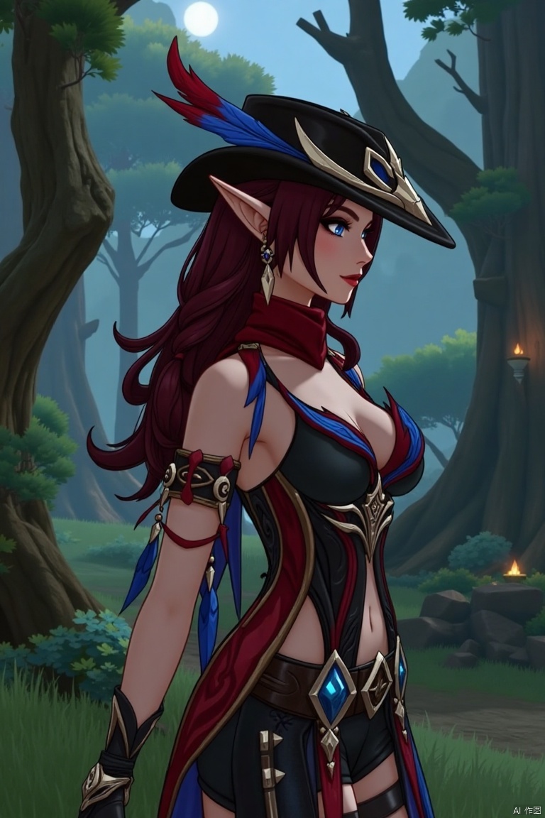A beautiful female elf with long, wavy maroon hair tied in a braid, standing in a mystical forest. She wears a stylish black hat with blue and red feathers, a red scarf, and a revealing, intricately designed black and red outfit with blue accents. The scene is softly lit by moonlight, highlighting her graceful pose and the intricate details of her attire. The composition frames her against a backdrop of ancient trees, emphasizing her ethereal beauty.