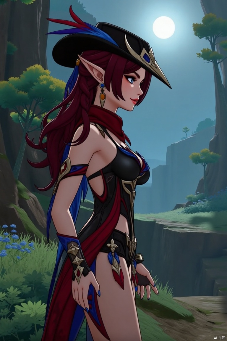 A beautiful female elf with long, wavy maroon hair tied in a braid, standing in a mystical forest. She wears a stylish black hat with blue and red feathers, a red scarf, and a revealing, intricately designed black and red outfit with blue accents. The scene is softly lit by moonlight, highlighting her graceful pose and the intricate details of her attire.