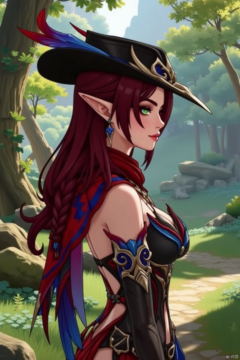 A beautiful female elf with long, wavy maroon hair tied in a braid, standing elegantly in a forest glade. She wears a stylish black hat adorned with blue and red feathers, a red scarf draped around her neck, and a revealing, intricately designed black and red outfit with blue accents. The scene is softly lit by dappled sunlight, highlighting her graceful pose and the intricate details of her attire.