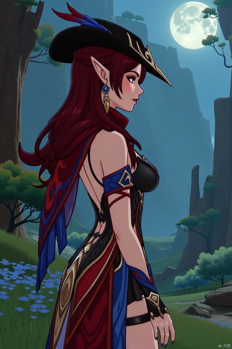 A beautiful female elf with long, wavy maroon hair tied in a braid, standing in a mystical forest. She wears a stylish black hat with blue and red feathers, a red scarf, and a revealing, intricately designed black and red outfit with blue accents. The scene is softly lit by moonlight, highlighting her graceful pose and the intricate details of her attire.