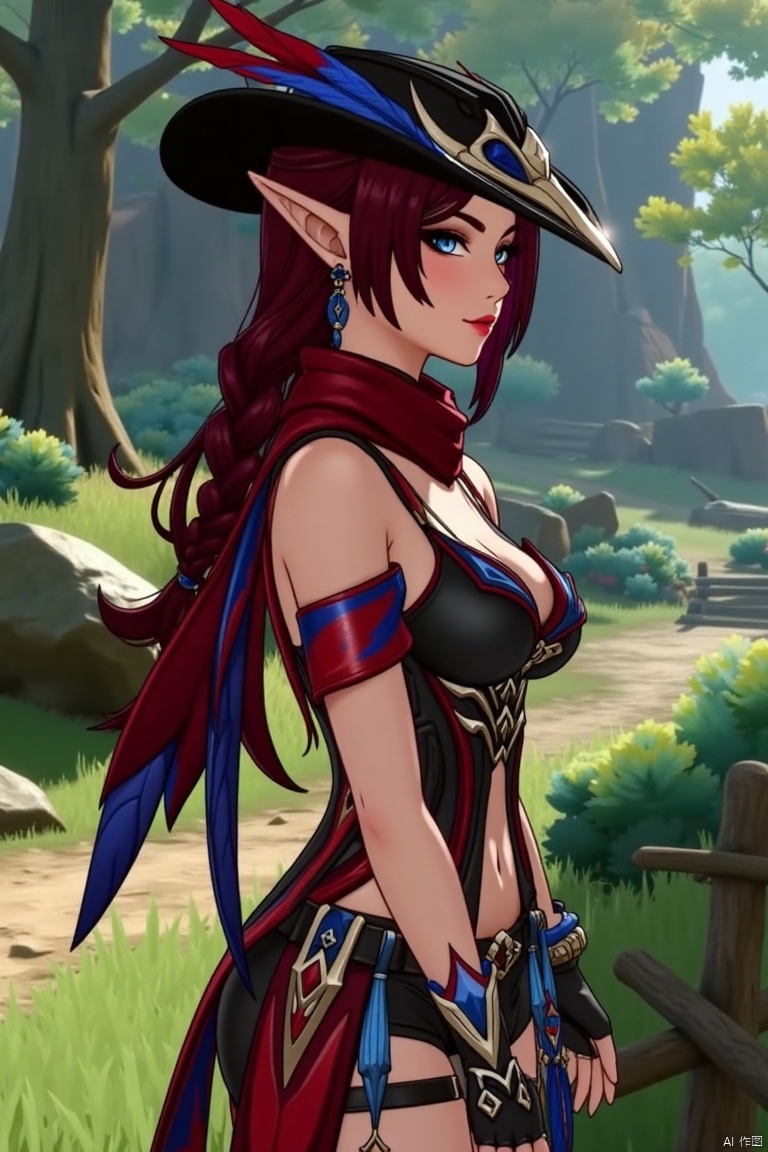 A beautiful female elf with long, wavy maroon hair tied in a braid, standing elegantly in a forest glade. She wears a stylish black hat adorned with blue and red feathers, a red scarf draped around her neck, and a revealing, intricately designed black and red outfit with blue accents. The scene is softly lit by dappled sunlight, highlighting her graceful pose and the intricate details of her attire.