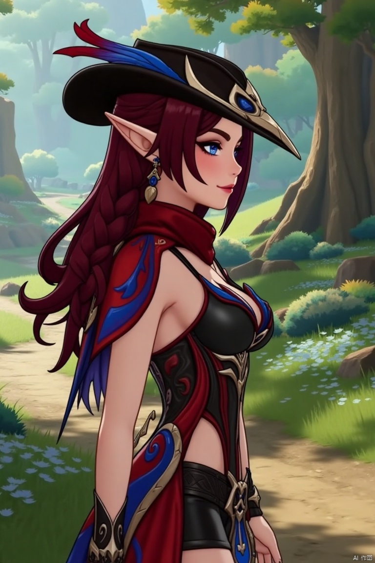 A beautiful female elf with long, wavy maroon hair tied in a braid, standing in a serene forest glade. She wears a stylish black hat adorned with blue and red feathers, a red scarf, and a revealing, intricately designed black and red outfit with blue accents. The scene is softly lit by dappled sunlight, highlighting her graceful pose and the intricate details of her attire.