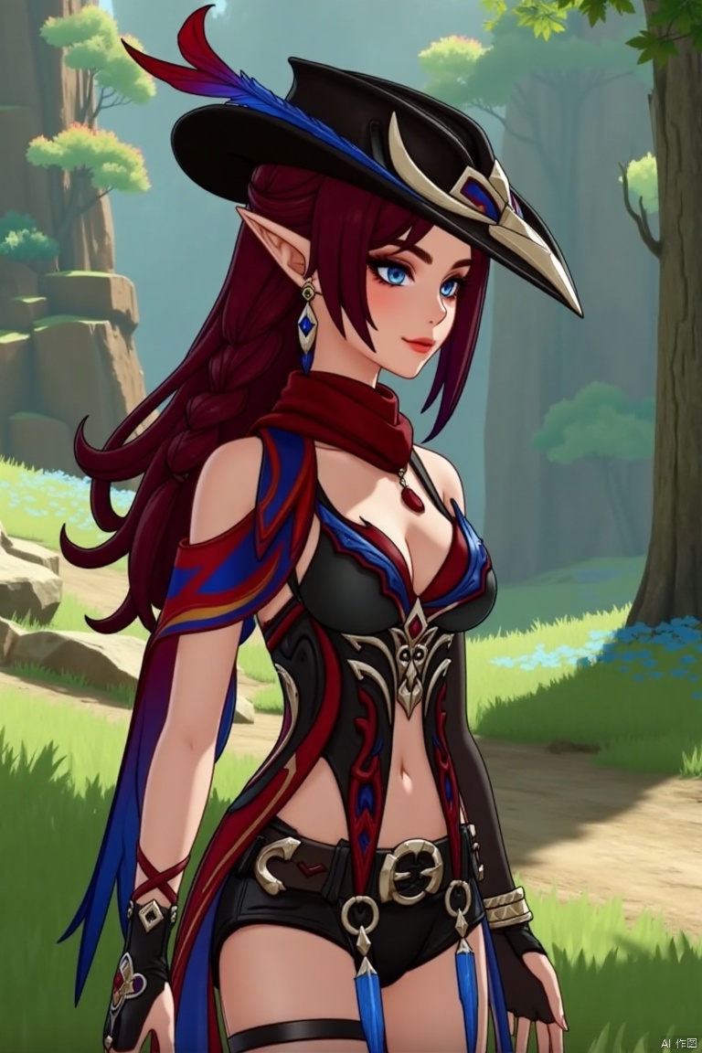 A beautiful female elf with long, wavy maroon hair tied in a braid, standing in a serene forest glade. She wears a stylish black hat adorned with blue and red feathers, a red scarf, and a revealing, intricately designed black and red outfit with blue accents. The scene is softly lit by dappled sunlight, highlighting her graceful pose and the intricate details of her attire.